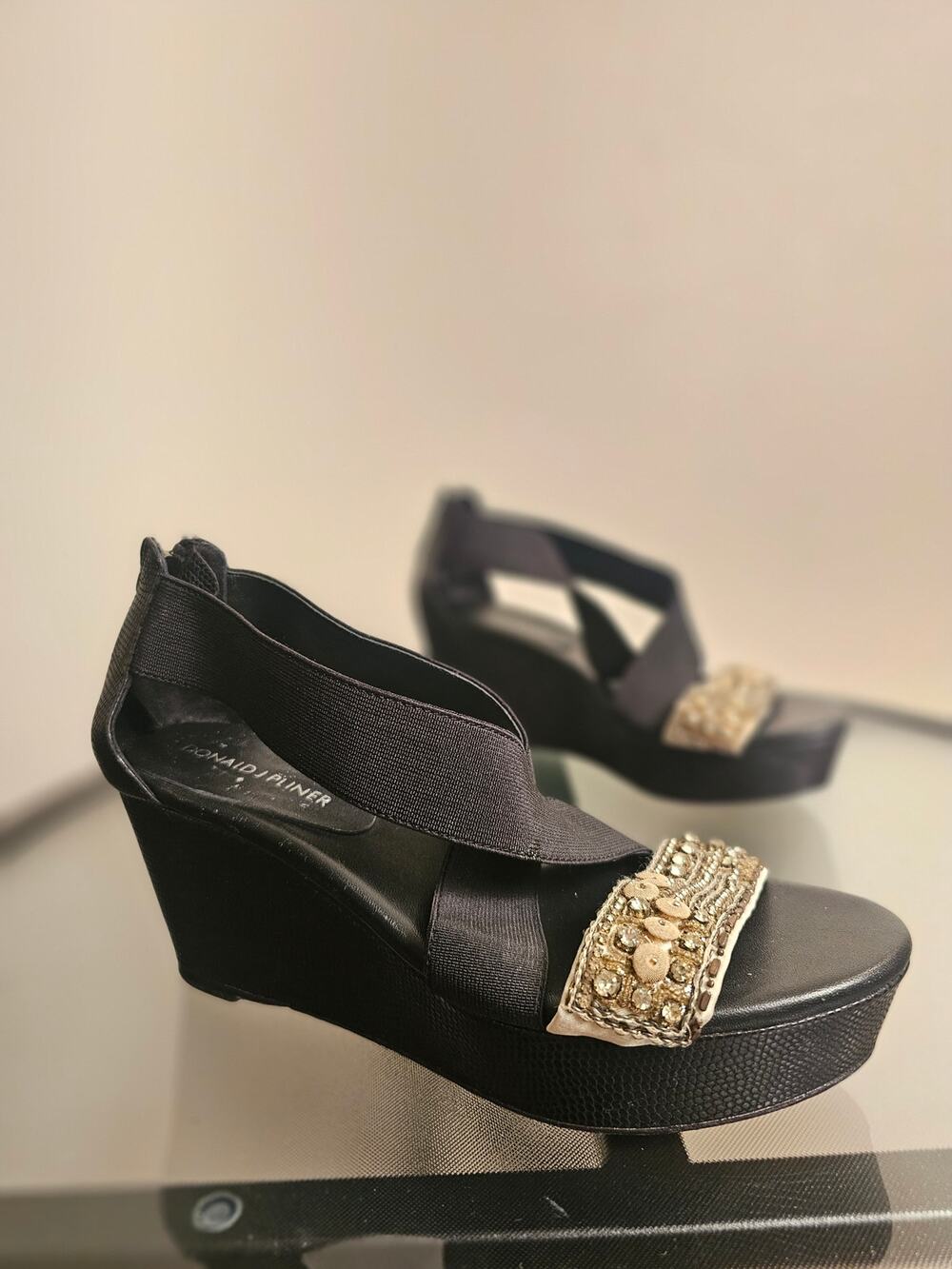 Donald J Pliner Snakeskin Embossed Wedge Sandals in Black